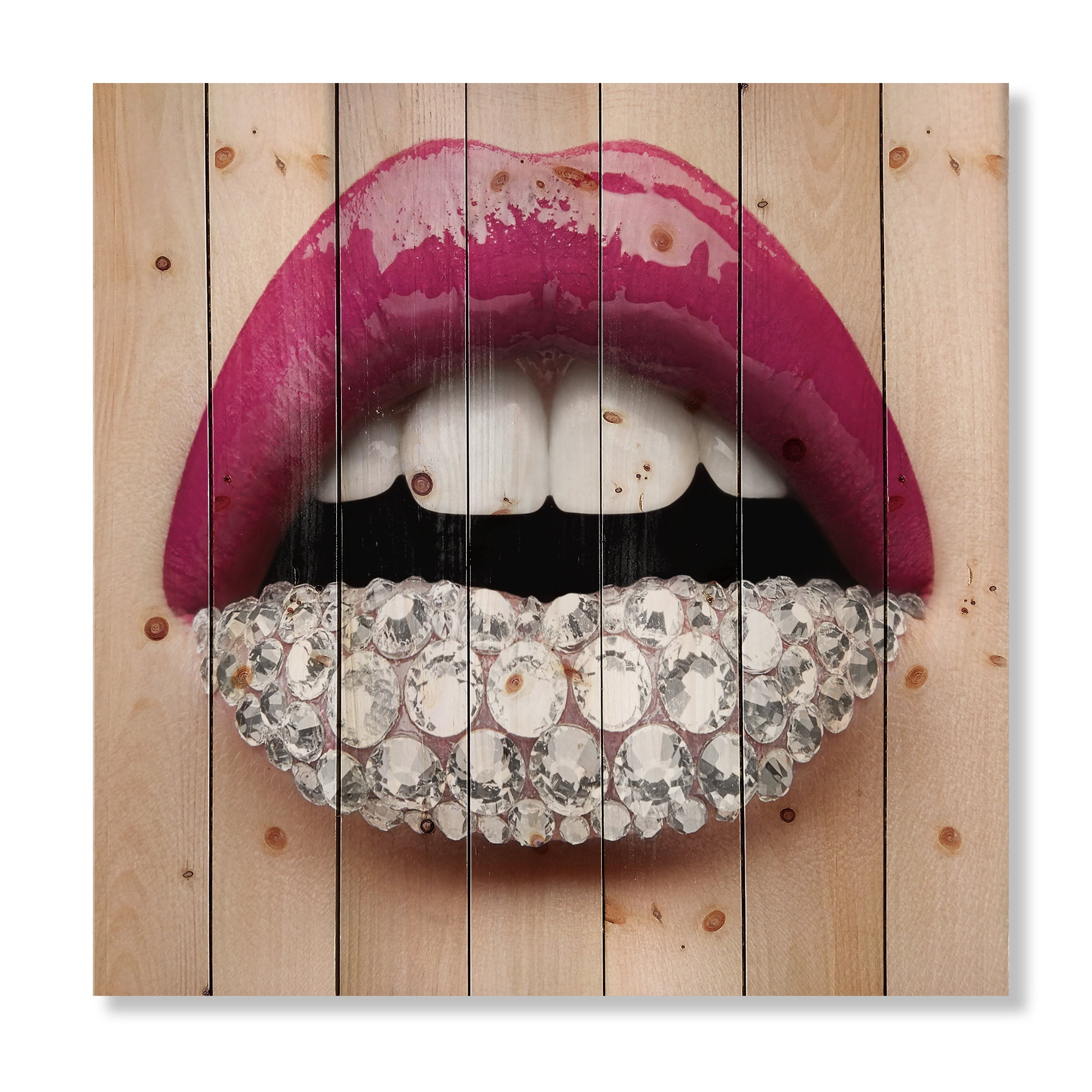 Designart 'Girl Lips With Pink Lipstick White Diamonds' Modern Print on Natural Pine Wood