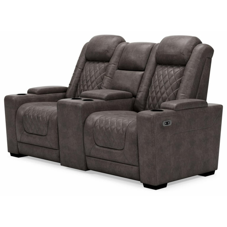 Ashley Furniture HyllMont Faux Leather Power Reclining Loveseat in Charcoal Gray