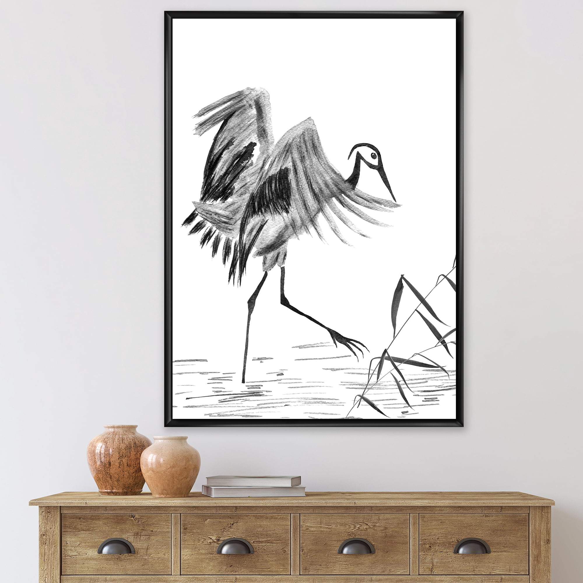 Designart 'Monochrome Japanese Oriental Crane Bird' Traditional Framed Canvas Wall Art Print