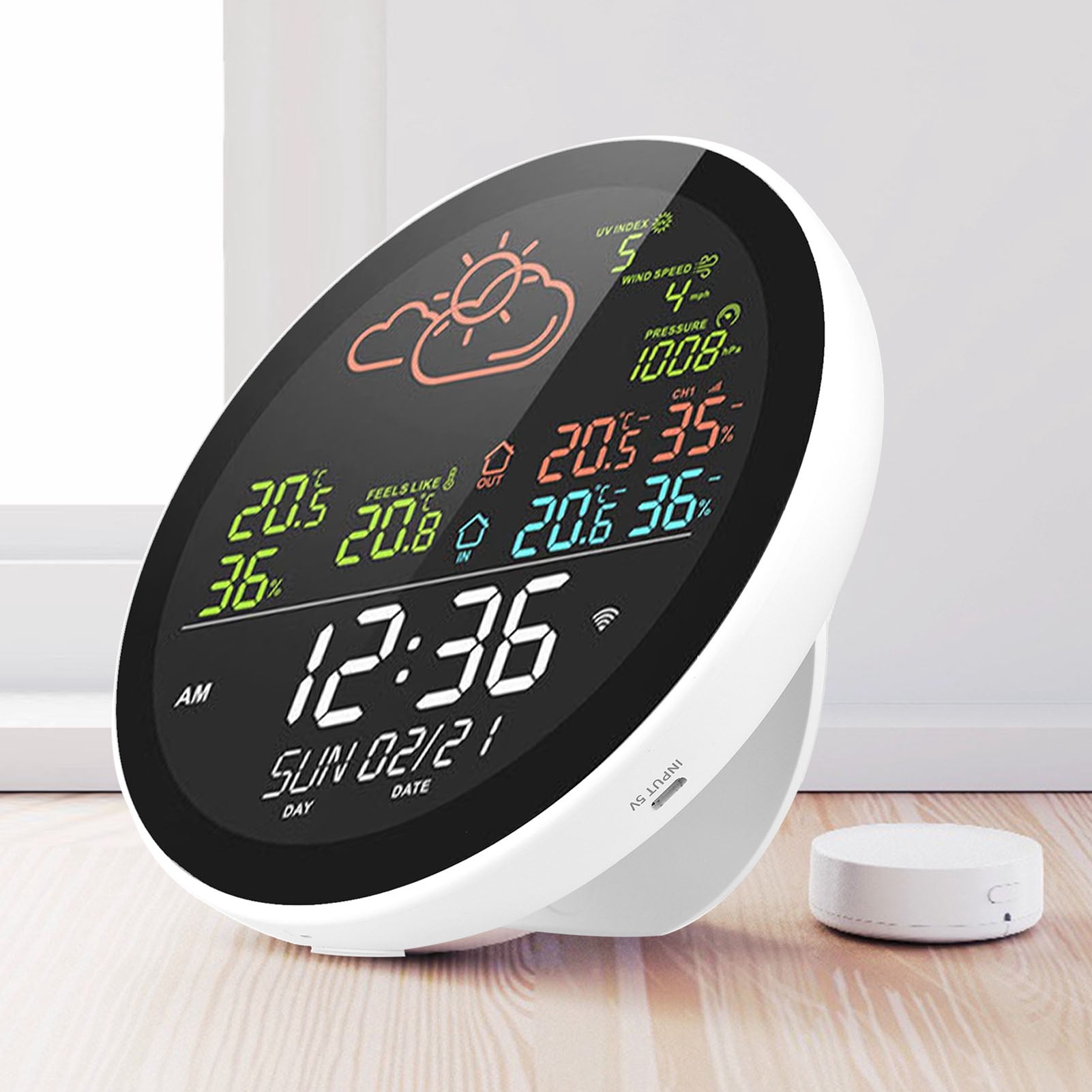 Color Wifi Smart Weather Station With Clock Indoor And Outdoor Temperature And Humidity Meter Multifunctional Large Color Screen Weather Clock Temp Humidity Gauge