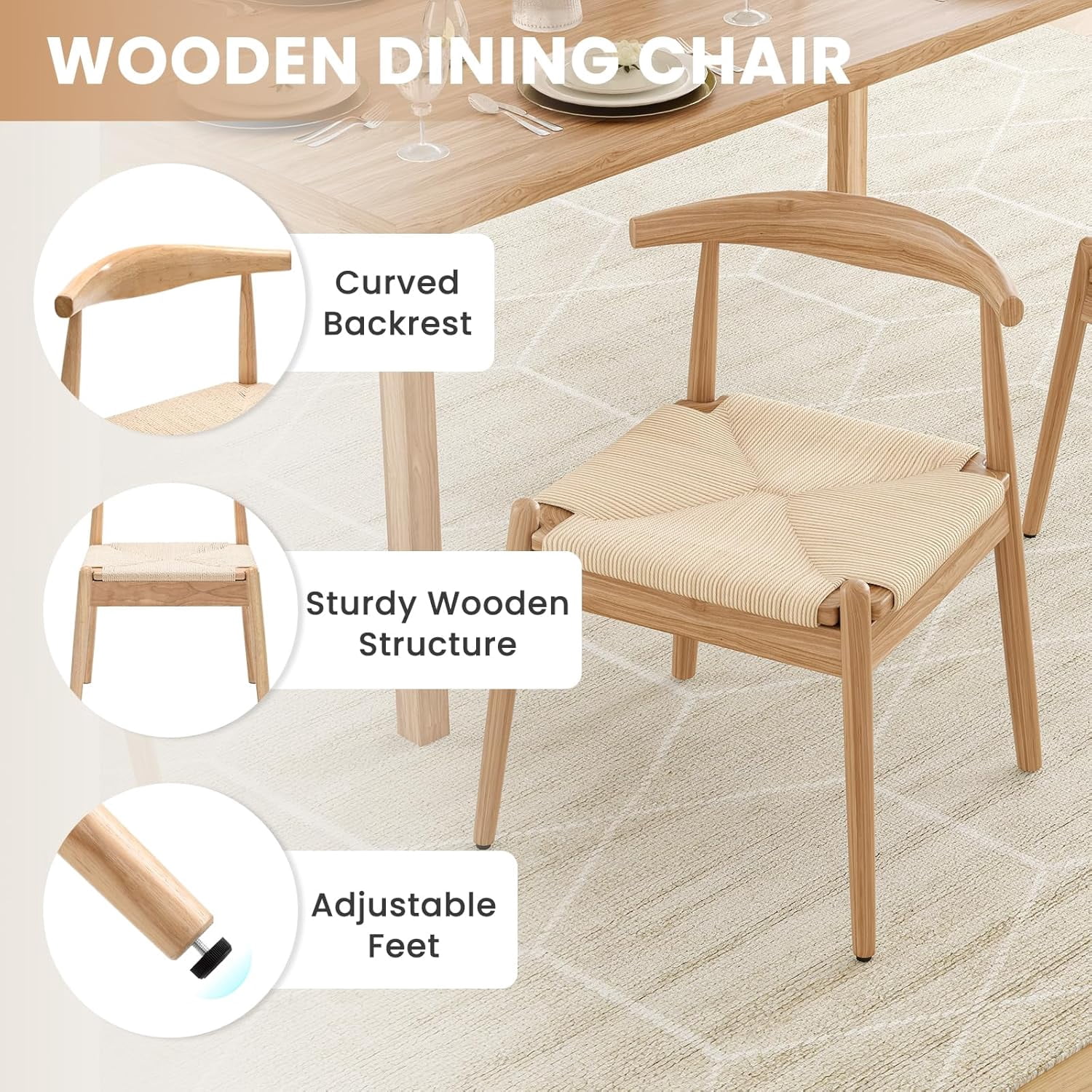 Farini Mid-Century Dining Chairs Set of 2, Solid Wood Frame & Woven Leather Seats, Nature-Beige