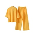 thumbnail image 5 of Women's Trousers Suit Women 2 Piece Cotton Linen Outfits Casual Loose 3/4 Sleeve Tops High Waist Wide Leg Pants Suit With Pockets,Yellow Women's Trousers Suit 5XL, 5 of 7