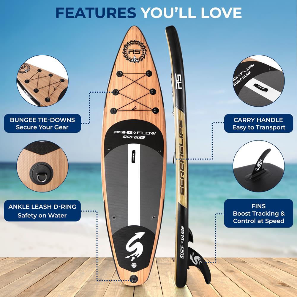 SereneLife Inflatable Stand-up Paddle Board (6 inches Thick) accessories & Carry Bag, Brown