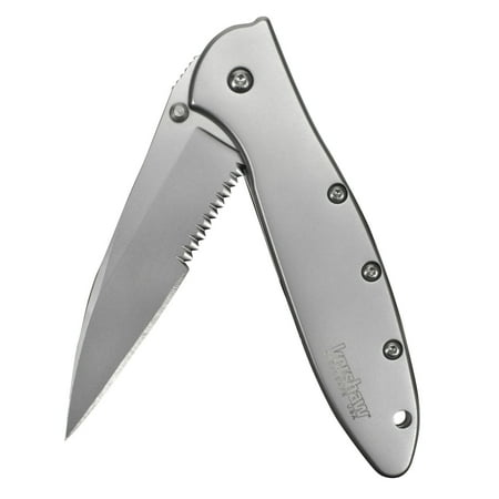 Handle Stainless Steel Liner Lock - Kershaw Leek Serrated (1660ST) Pocket Knife, 3” Partially Serrated 14C28N Steel Blade, 410 Stainless Steel Handle, Bead-Blasted Finish, SpeedSafe Open, Liner and Tip Lock, Reversible Pocketclip; 3 OZ