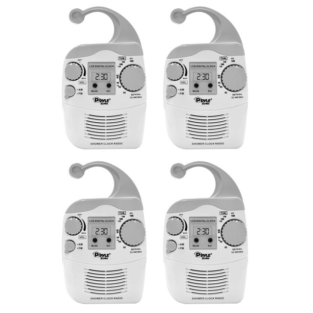 Pyle LCD Digital Hanging Waterproof AM/FM Shower Clock Radio White (4 Pack)