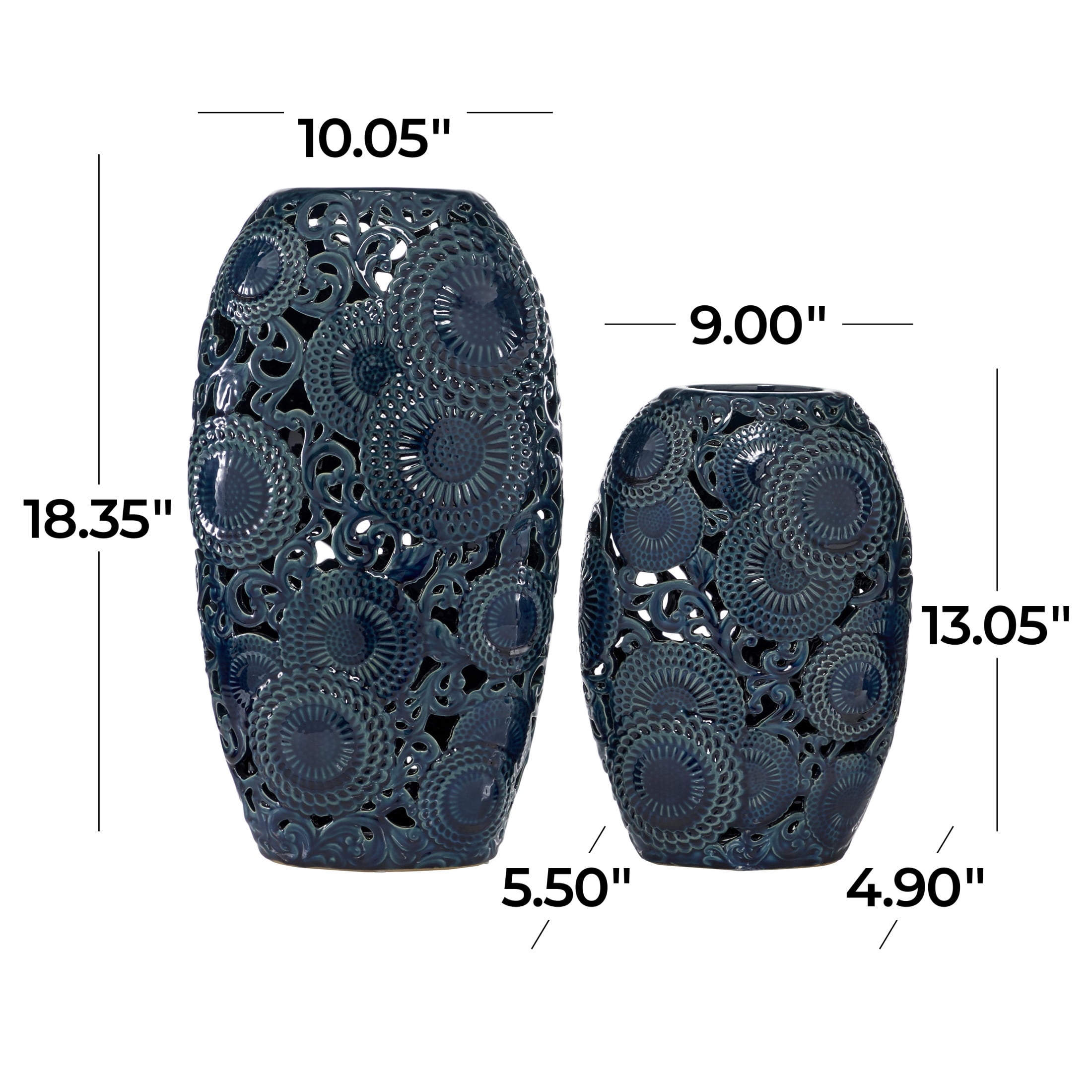 DecMode 18", 13"H Floral Blue Ceramic Vase with Cut Out Patterns, Set of 2