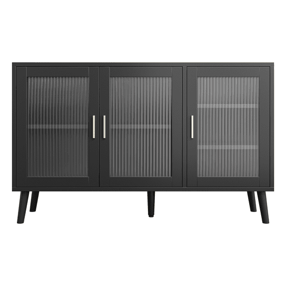48" Entryway Storage Sideboard Cabinet - 3 Fluted Glass Doors, Open Shelves - Modern Accent Media Console/TV Stand for Living Room, Dining, Kitchen or Hallway
