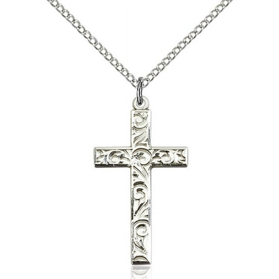 Sterling Silver Cross Pendant 1 1/8 X 5/8 inches with 18 inch Sterling Silver Curb Chain
