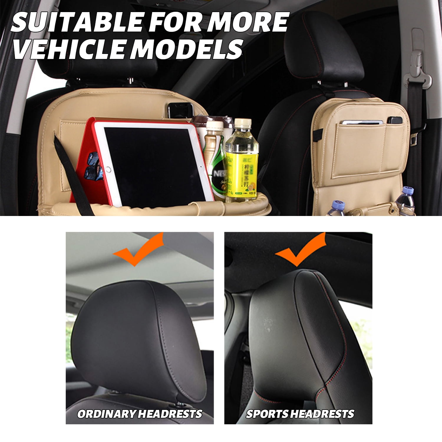 Car Backseat Organiser, 9 Storage Pockets PU Leather Car Storage Organizer with Foldable Table Tray, Car Seat Accessory Storage Pockets Kick Mat for Car (Beige)