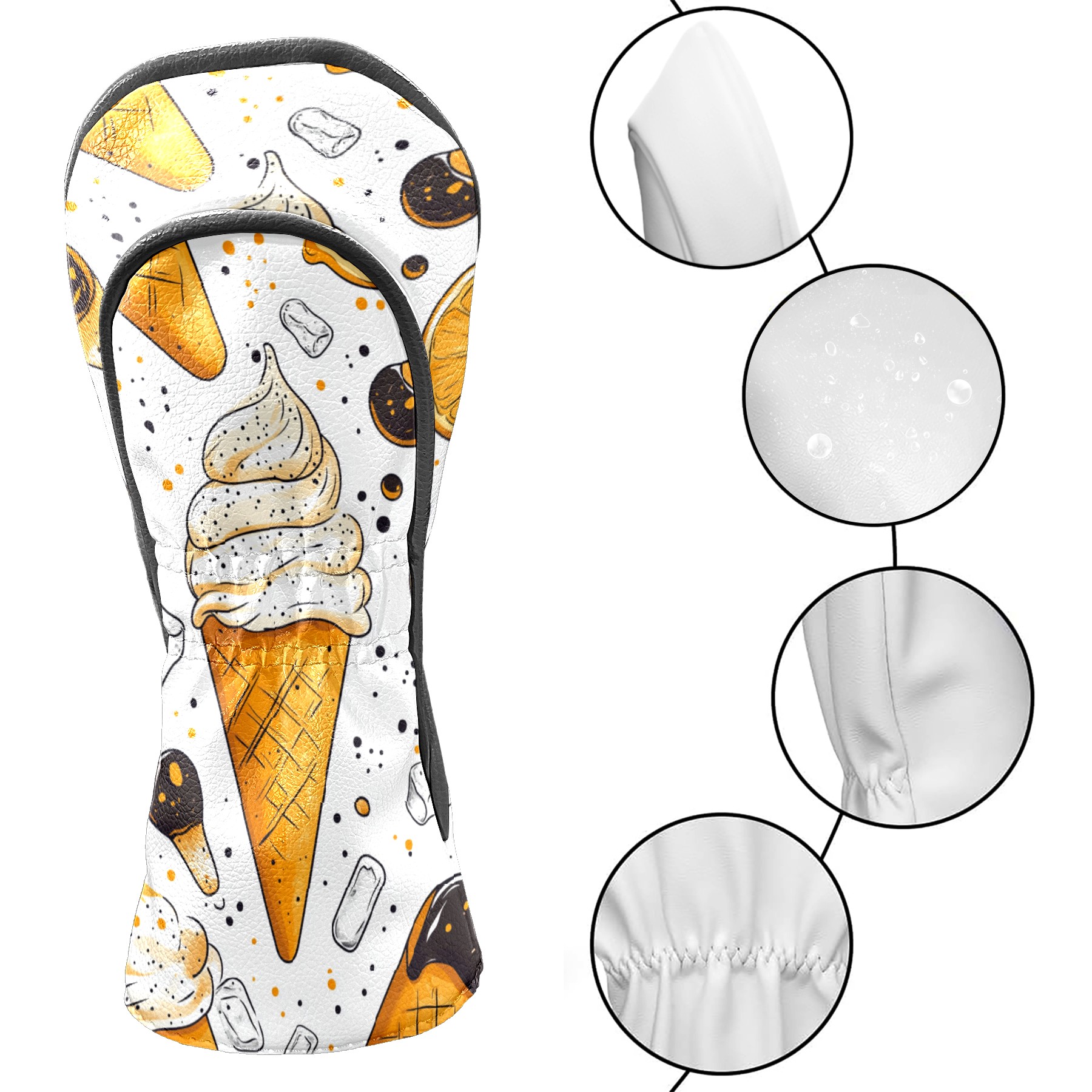 Golf Club Covers PU Leather Waterproof Head Covers for Fairway Woods Hybrids Yellow Ice Cream Pattern