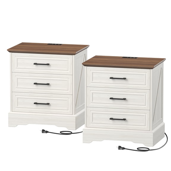 Farmhouse Nightstands Set 2 Side Table with Charging Station White 3 Large Drawers Bedside End Table with Stable Support Base & Bar Handles, 15.7"D x 22"W x 24.2"H, for Bedroom