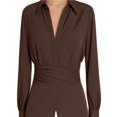 thumbnail image 3 of Blusa Informal de Mujer con Botones Al Frente, Cuello en V, Larga, Diseño Cruzado con Lazo, Ideal para el Trabajo Top Corto Elegante Marrón S, 3 of 7