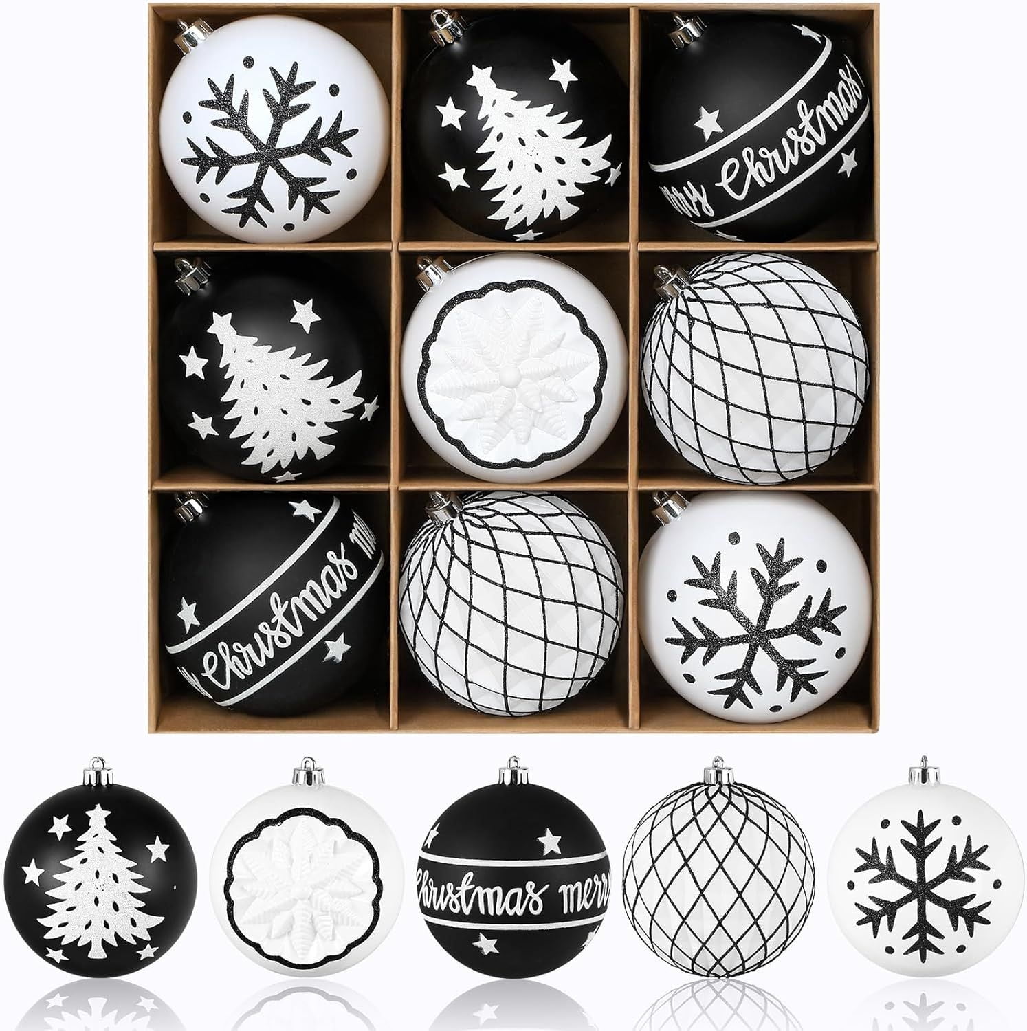100MM/4 Inch 9PCS Large Christmas Balls Ornaments, Shatterproof Plastic Hanging Big Baubles Set for Xmas Tree Decoration Holiday Party Wedding Decorations with Hook