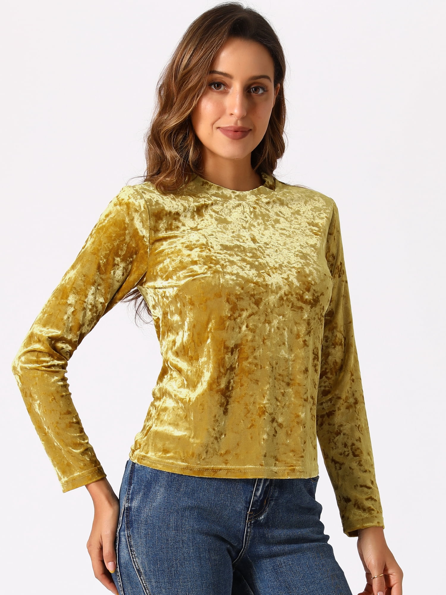 DARING DIVA Velvet Tops Round Neck Casual T-Shirt S Yellow