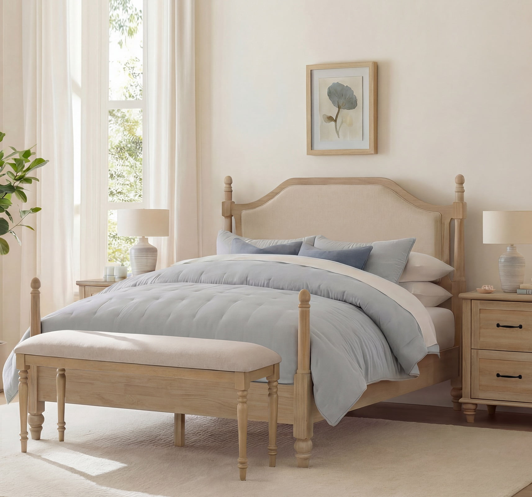 2 Piece Bedroom Set, Queen Bed Frame & Upholstered End of Bed Bench, Oak