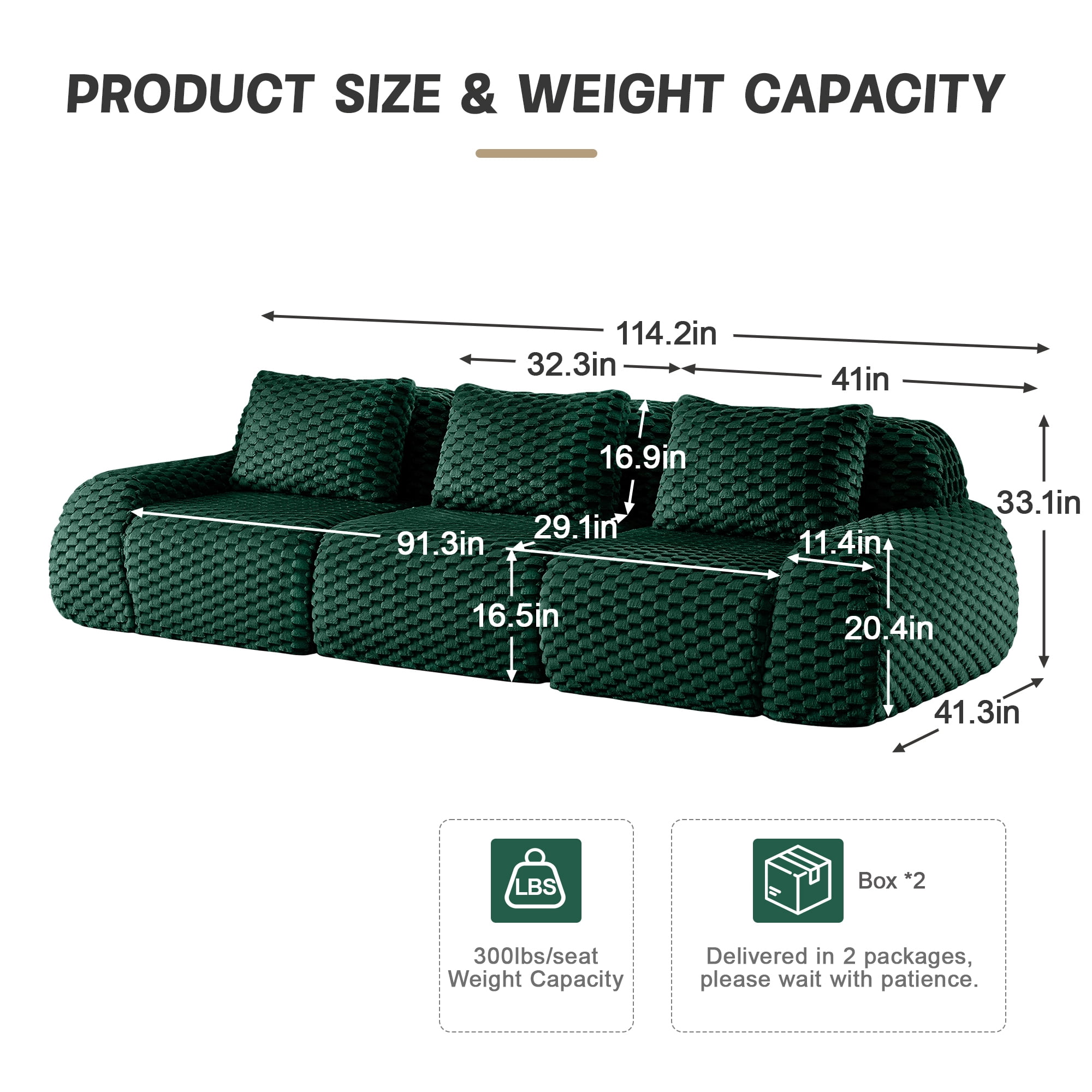Alvantor 114" Cloud Modular Sectional Sofa Deep Seat Flannelette Boneless Couch for Living Room Bedroom Green