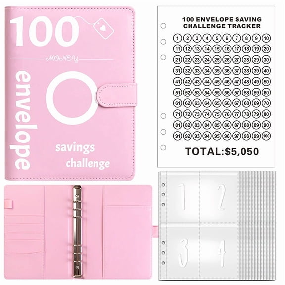 Couples 100 Day Savings Challenge Binder - A5 Cash Envelope Binder with 25 Grid Pages, Double-sided Card Slots & Digital Stickers for Common Goal,Pink