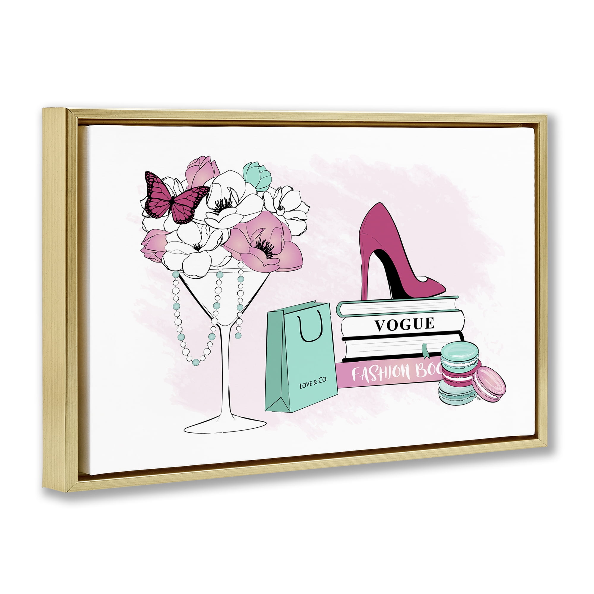 Stupell Industries Fashion Books Scene Fashion Painting Gold Floater Framed Canvas Art Print Wall Art, 25 x 17