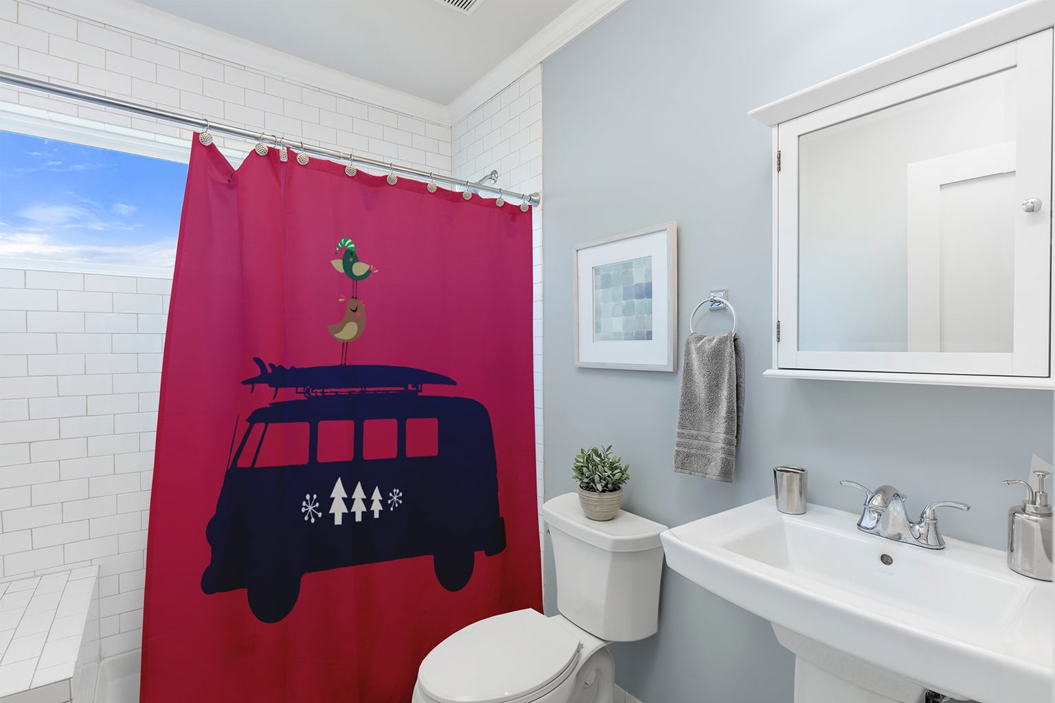 Simply Daisy 70" W x 73" L Christmas Surf Bird Polyester Shower Curtain, Holiday Pink [1 Ct]