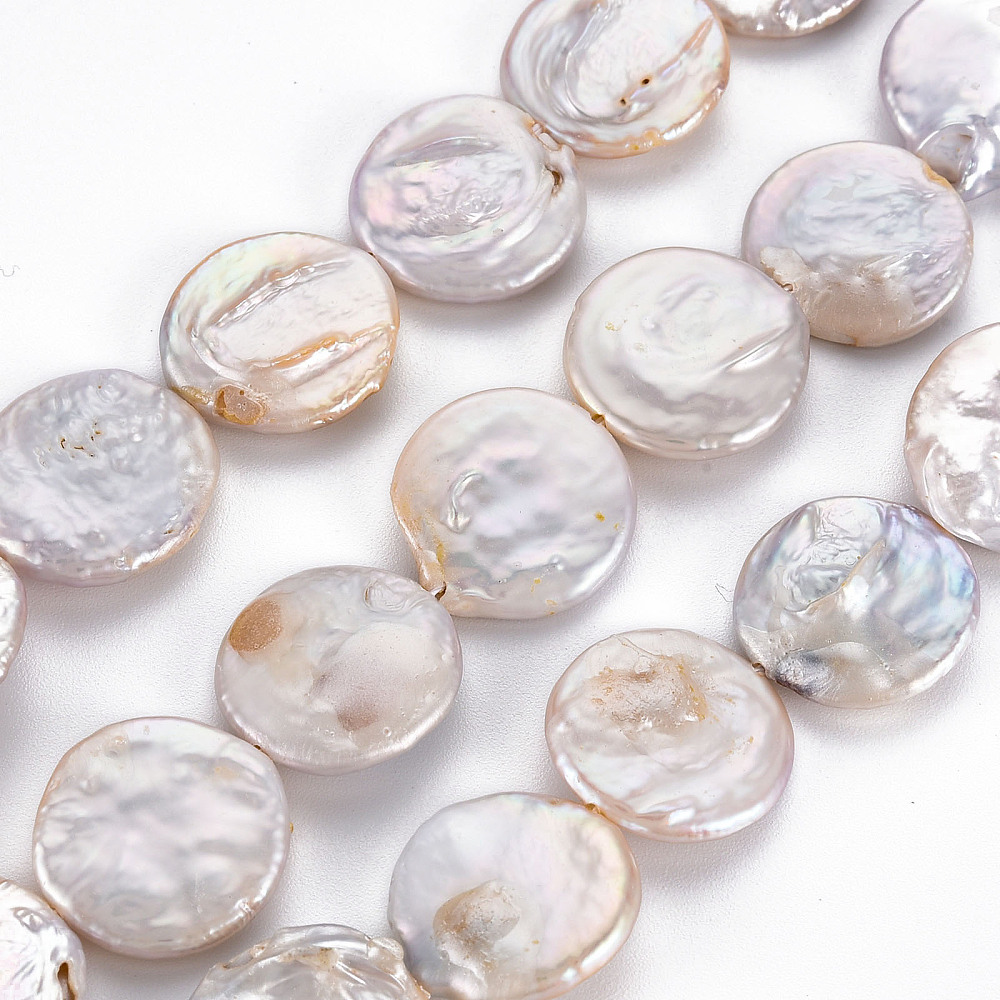 2strands Natural Keshi Pearl Beads Strands Cultured Freshwater Pearl Flat Round Seashell color 16~18x3~8mm Hole: 0.6mm about 22~23pcs/strand 14.57~15.35 inch(37~39cm)