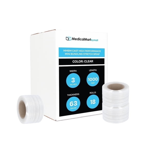 MMBM Mini Stretch Wrap with Handle 3" x 1000' 18 Rolls 63 Gauge Clear Shrink Film for Bundling and Secure Wrapping