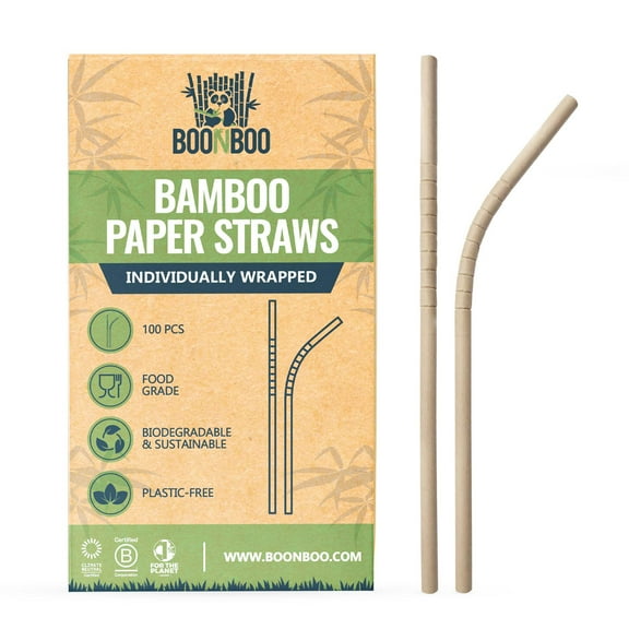 BOONBOO Bamboo Drinking Straws | Individually Wrapped | Bendable Head | Biodegradable Compostable | Zero-Plastic Waste