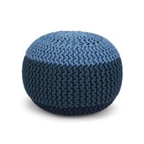 Nikki Boho Round Hand Knit Pouf in Blue, Navy Blue Cotton-Color:Blue/Navy Blue