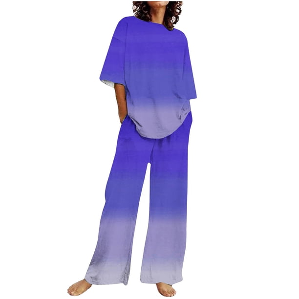 Conjunto Corto para las Mujeres Casual Suelto Encaje Casa Pantalones Impresos Y Blusa de Cuello Redondo de Dos Piezas
