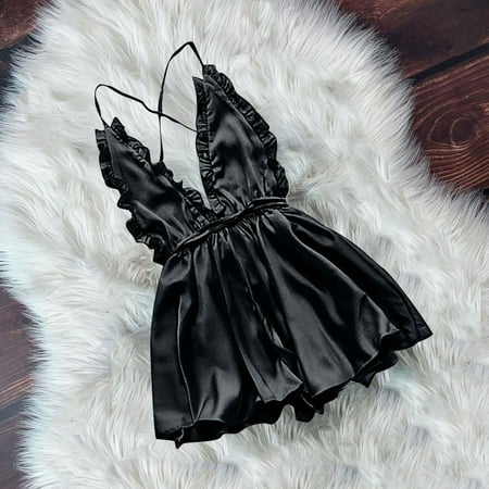 

SELONE Black Lingerie for Women Pajamas for Women Lace Ruffle Backless Cami Halter Deep V V Neck Sling Stain sole Pajamas Nightdress Lingerie for Valentines Day Anniversary Wedding Honeymoon Black M