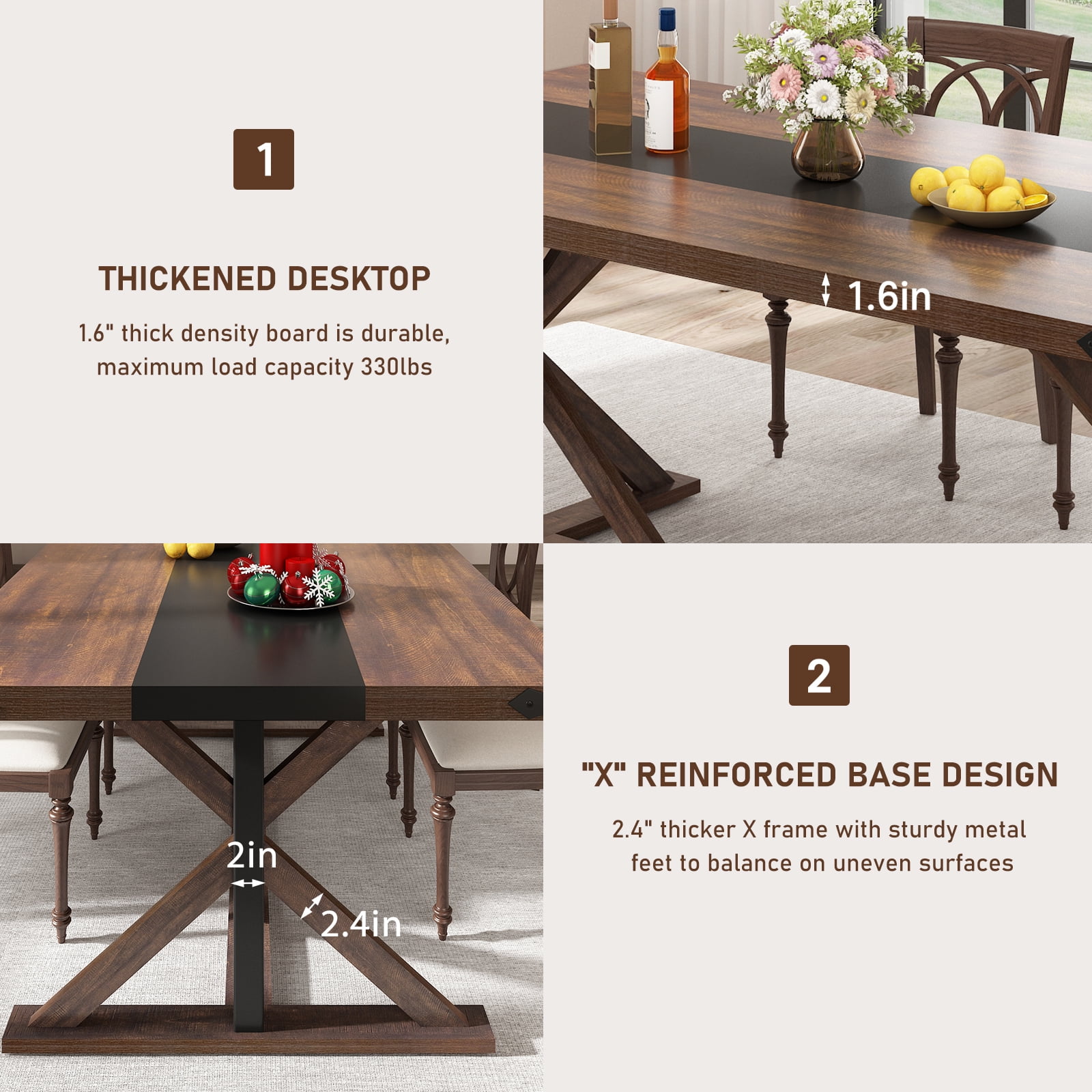 Blotout 71" Modern Farmhouse Dining Table for 6-8 Person, Rectangular Wood Dining Table with Adjustable Feet, Kitchen Table for Dining Room, Gathering, Kitchen (Brown)
