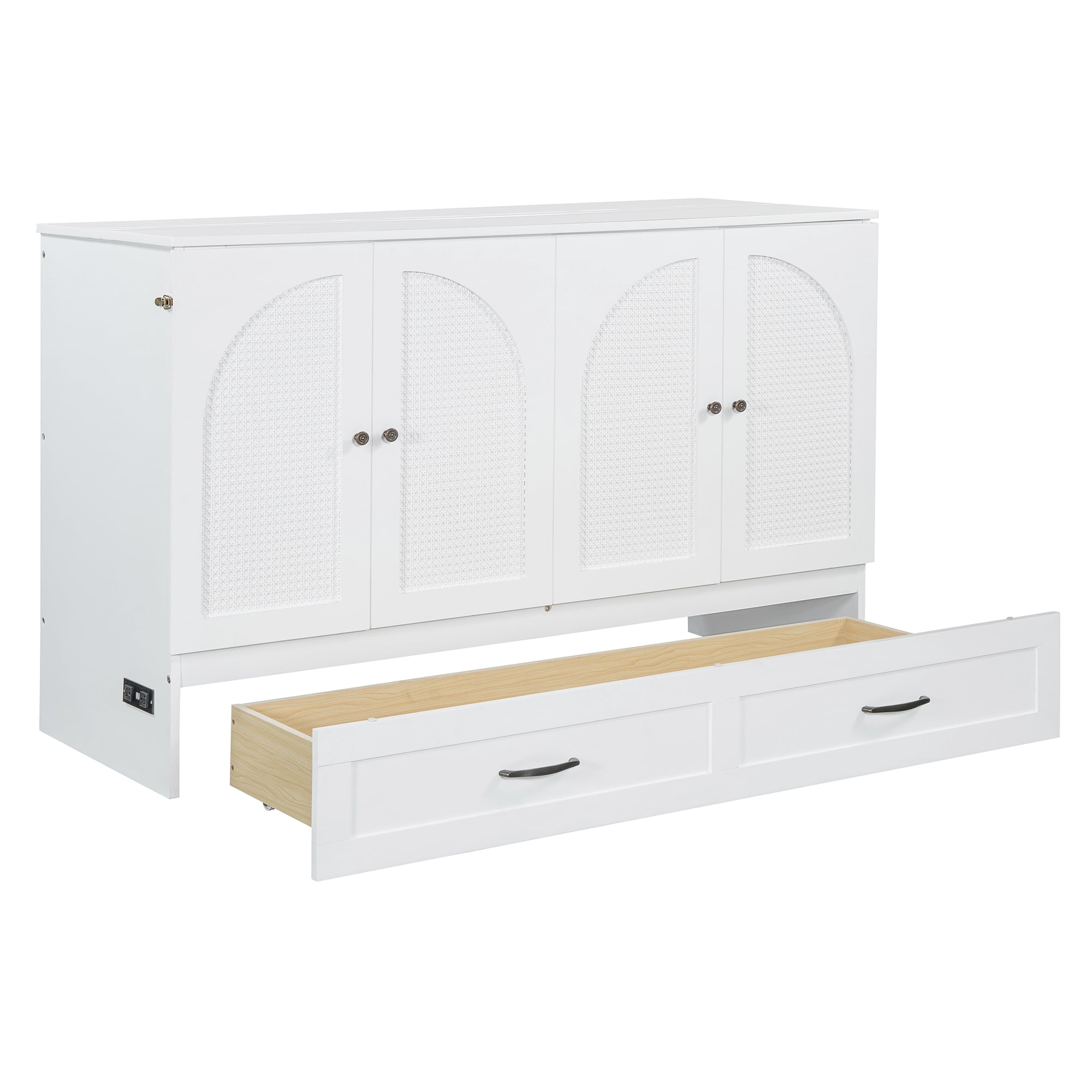 Mintazer Queen Murphy Bed with Rattan Cabinet & Storage Drawer, Modern Foldable Cabinet Bed with USB Port for Bedroom Apartment Guest Room, White