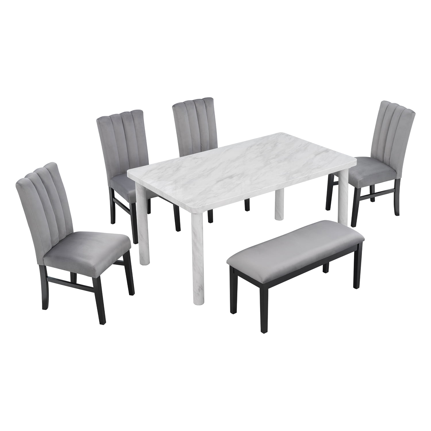 Kadyn 6-Piece Dining Table Set, Modern Home Dining Set with Marble Veneer Table and 4 Flannelette Upholstered Dining Chairs & Bench, Solid Wood Kitchen Table Set for Dining Room, White+Gray