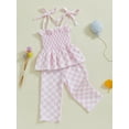 thumbnail image 5 of Toddler Kids Little Girl Checkered Outfit, 6 9 12 18 24 Months 2T 3T 4T 5T Tie Shoulder Shirred Babydoll Tops Elastic Waist Long Pants 2 Pcs Summer Clothing Set, 5 of 9