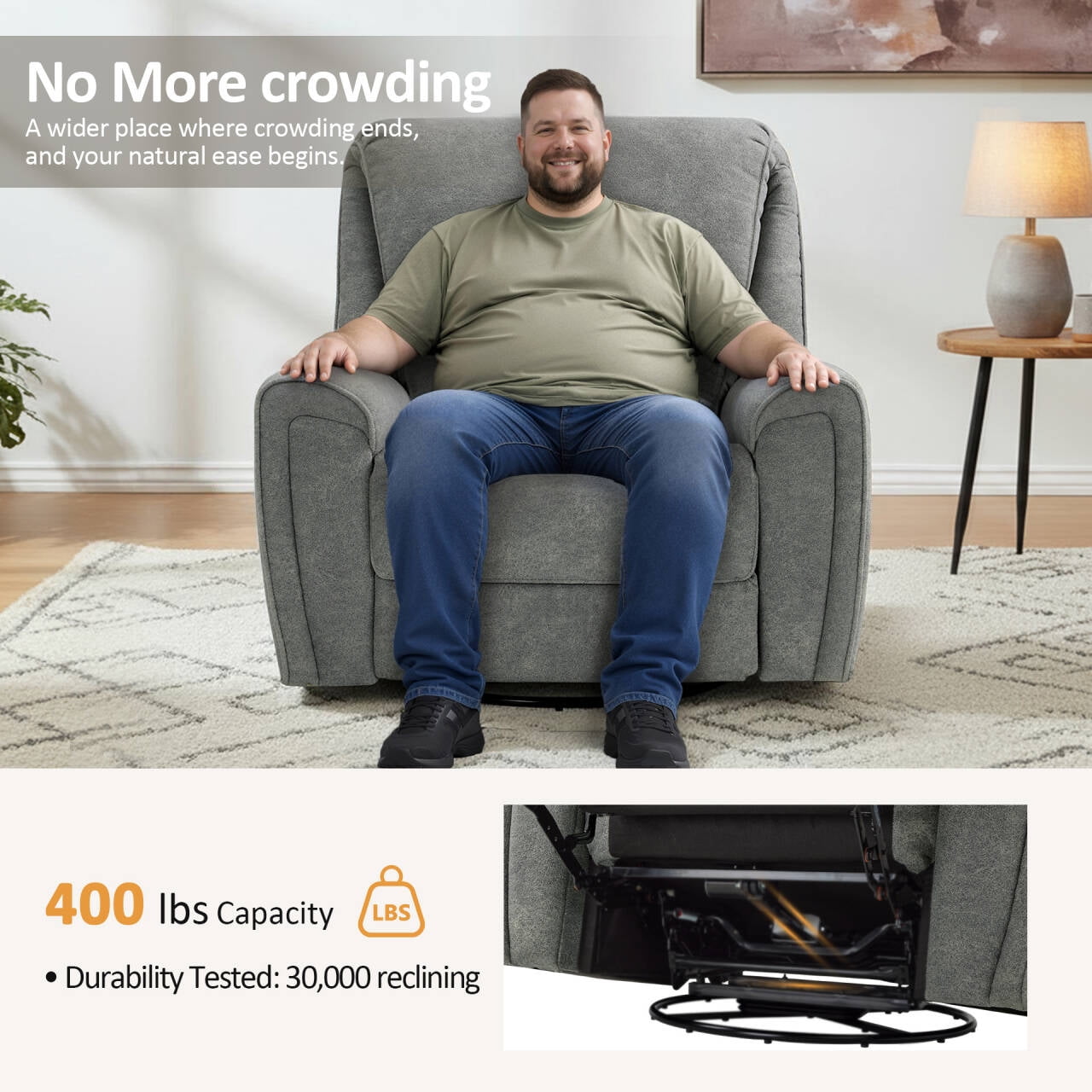 MCombo 400lbs Oversized Swivel Rocker Power Recliner Chair for Big and Tall People, Fabric, Light Grey