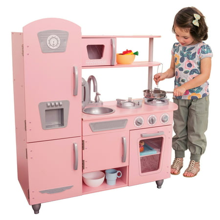 KidKraft Pink Vintage Wooden Play Kitchen with Pretend Ice Maker and Play Phone