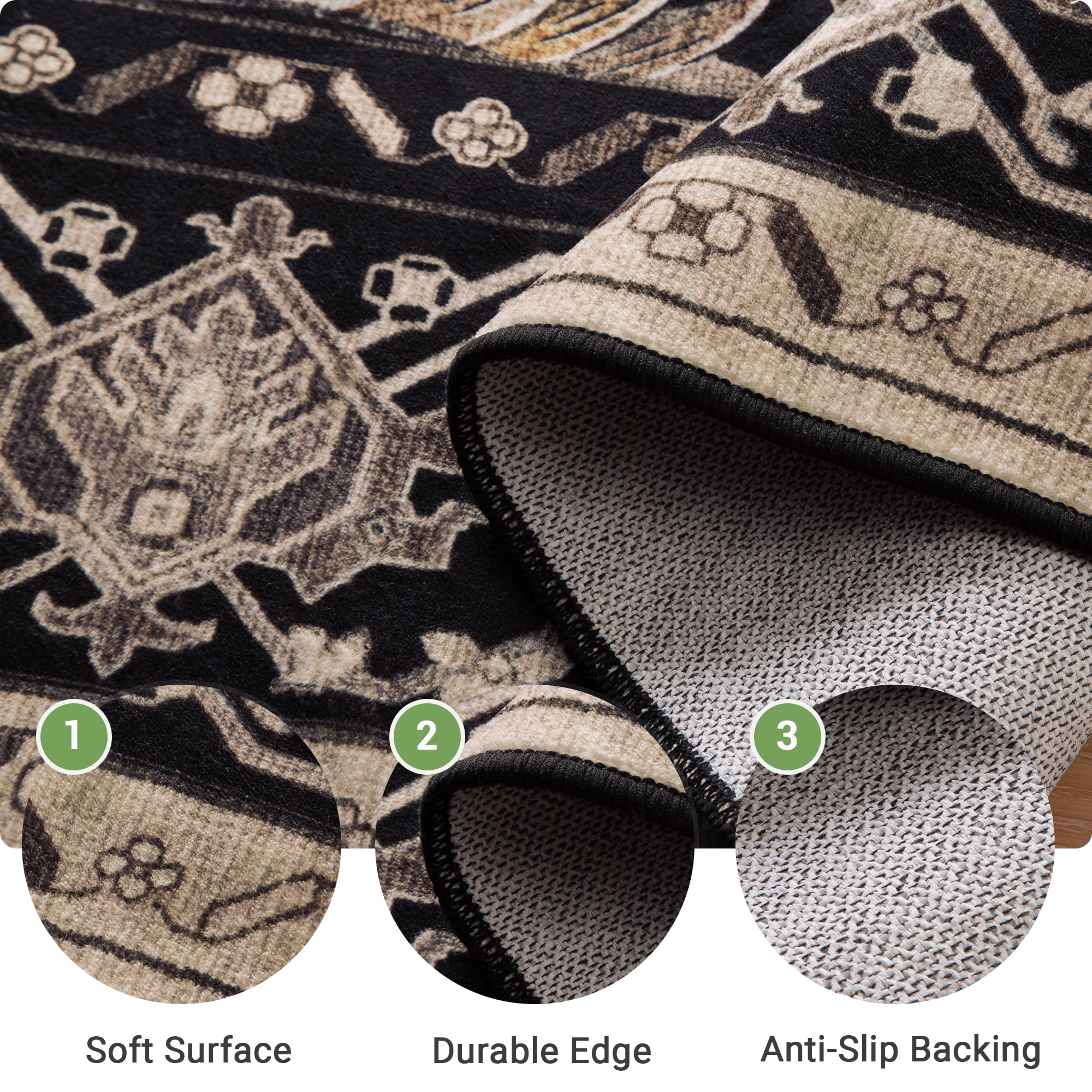 NewBuros 5'x7' Washable Area Rug for Living Room, Non Slip Vintage Distress Print Pattern Floral Rug, Soft Low Pile Indoor Carpet for Bedroom Dining Room, Black