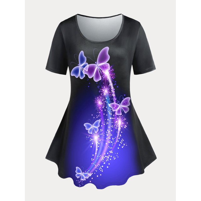 Camiseta en Talla Extra con Estampado de Mariposa y Curvo en Forma de Mariposa Rosegal Camisetas tallas grandes