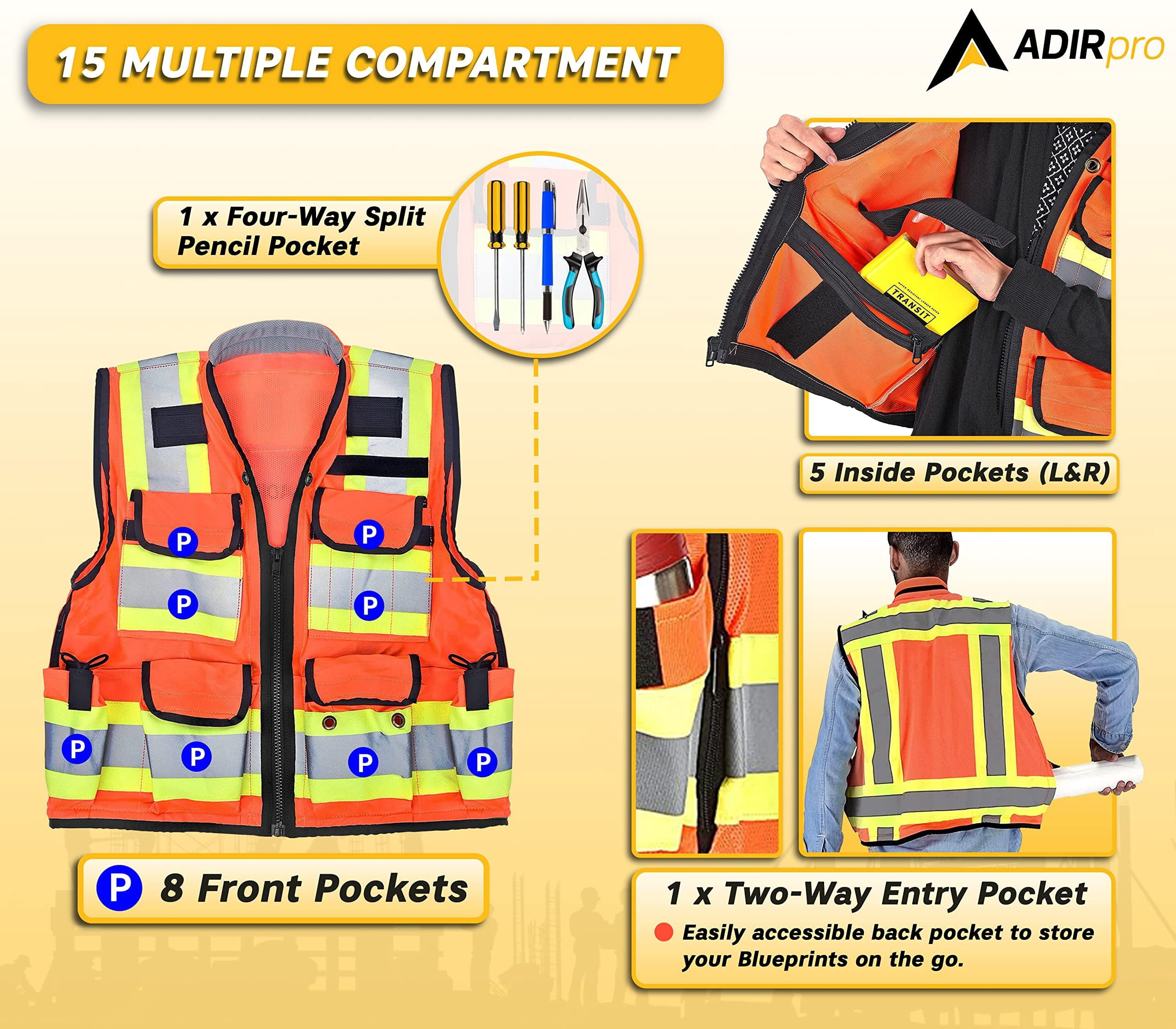 AdirPro Surveyor Safety Vest with Pockets - High visibility Reflective Construction Vest for Men - Class 2 Heavy Duty Vest ANSI Complaint for Contractors and Surveyors (Orange, 3XL)