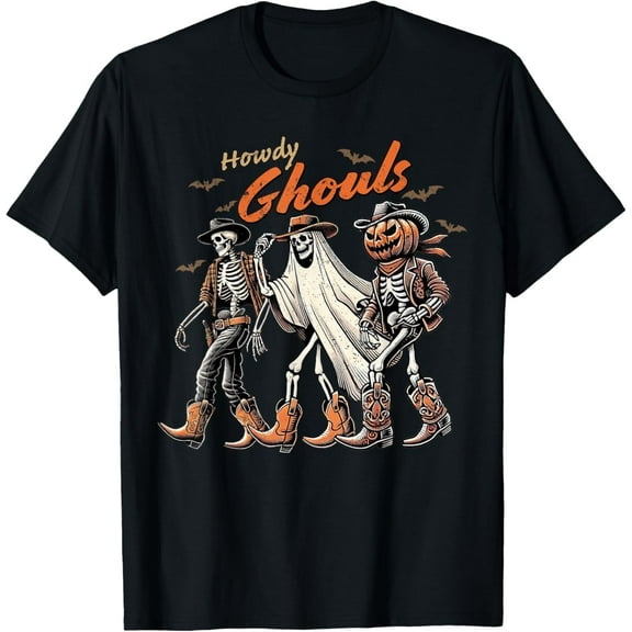 Retro Howdy Ghouls Skeleton Cowboy Western Rodeo Halloween T-Shirt