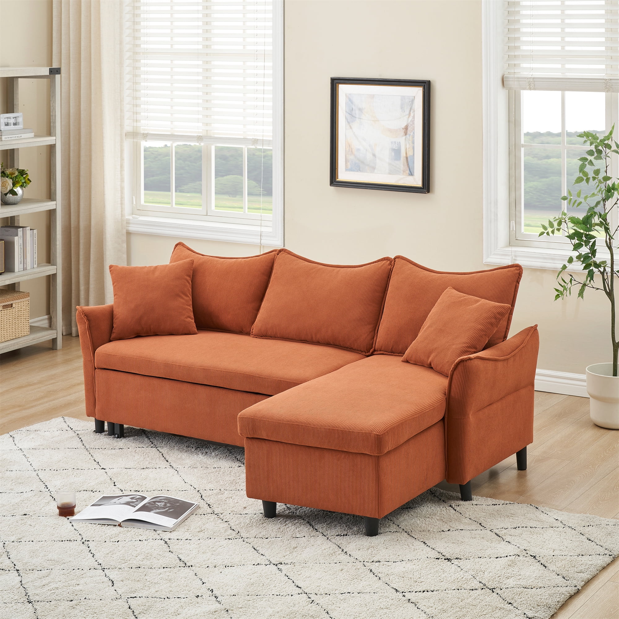 Aukfa 80" Sofa Bed Couch Pull Out Sofa Bed with Storage Chaise, 2 Pillows, Corduroy, Orange