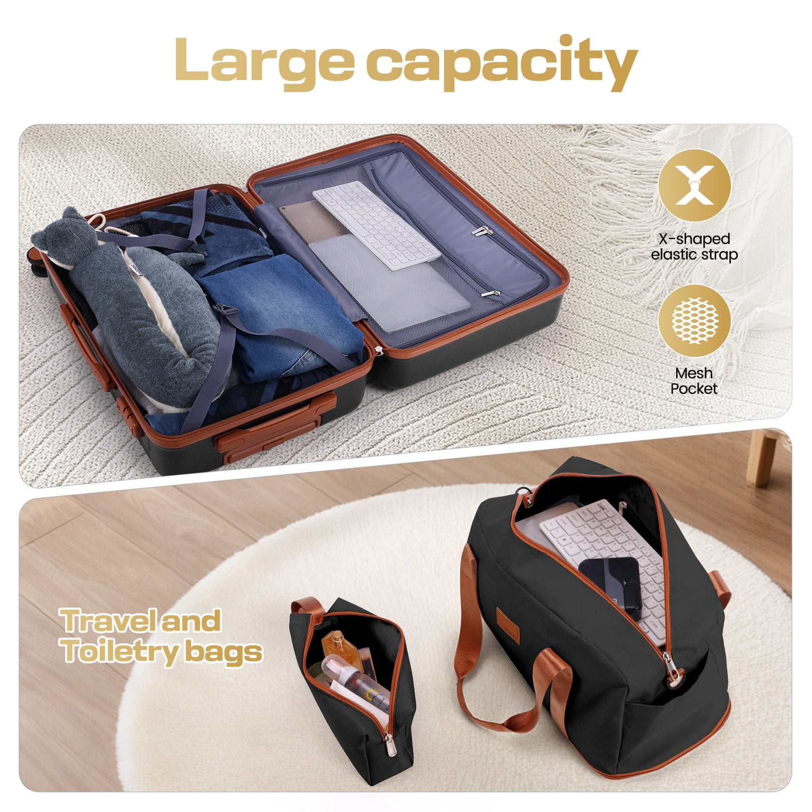 COBIZI 3 Piece Carry On Luggage Set, TSA Lock, Expandable Duffle Bag, Black