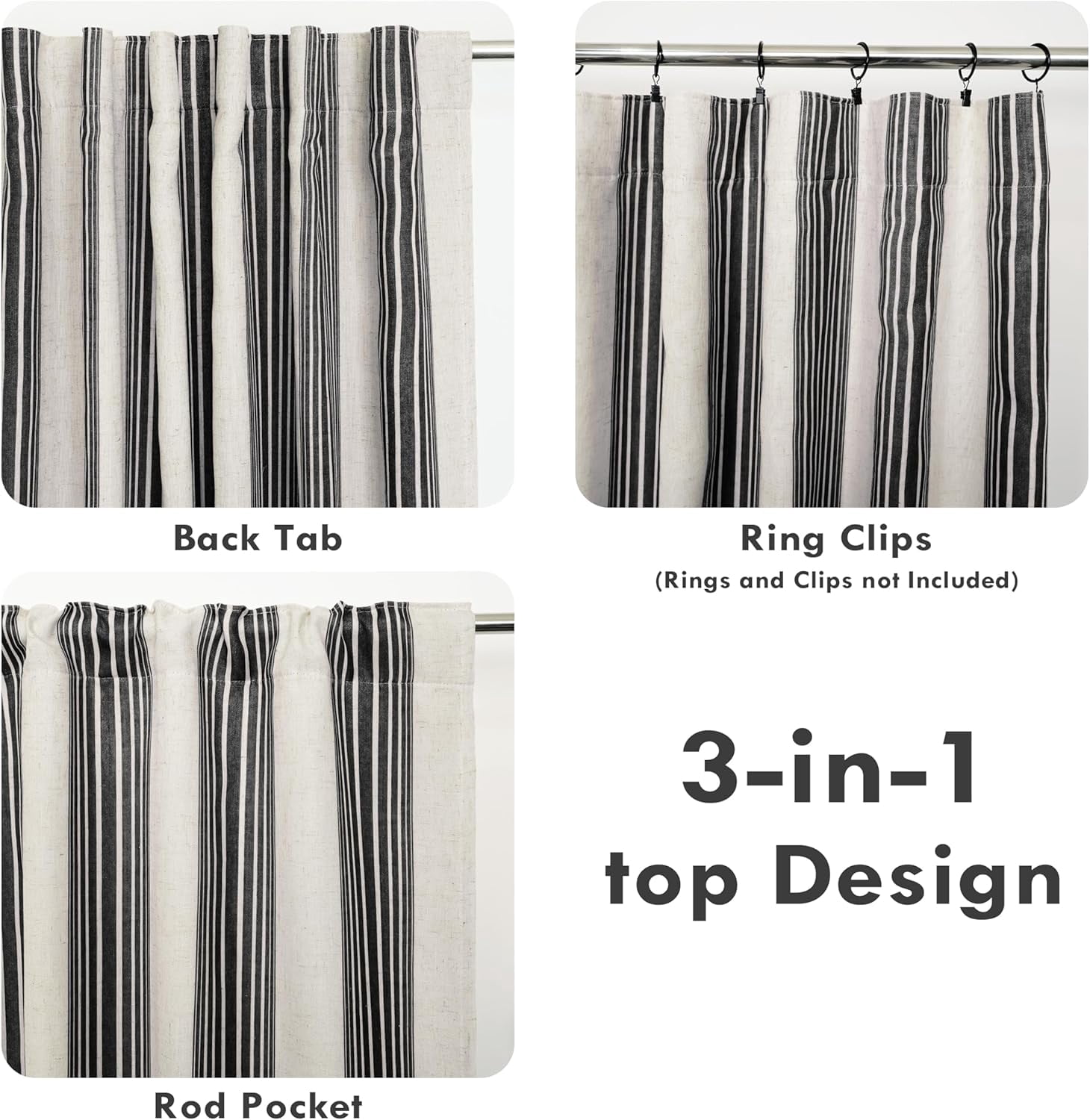 DriftAway Chris Vertical Striped Pattern Linen Blend Lined Thermal Insulated Blackout and Room Darkening Linen Curtains for Farmhouse Printed 2 Panels 52 Inch by 63 Inch Linen Black