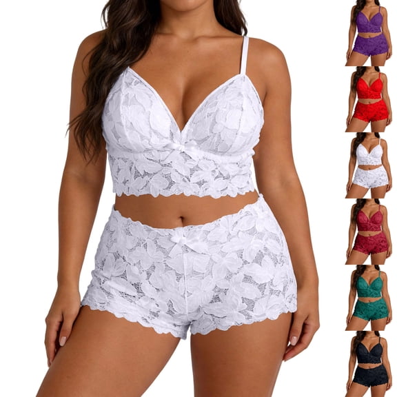 Fatuov Women's Camisoles Pajamas Sets 2-Piece Lace V-Neck Camisoles and Short Sets Sleepwear for Home, White, Size S-XXXXL