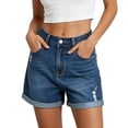 thumbnail image 3 of Tqyyweavej Jeans Shorts for Women Folded Hem Mid Rise Casual Shorts Ripped Straight Leg Stretch Denim Shorts with Pockets S-2XL, 3 of 10