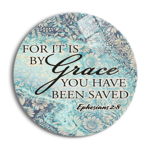 By Grace Saved Aqua Floral 24 inch Glass Round Wall Hanging Sign