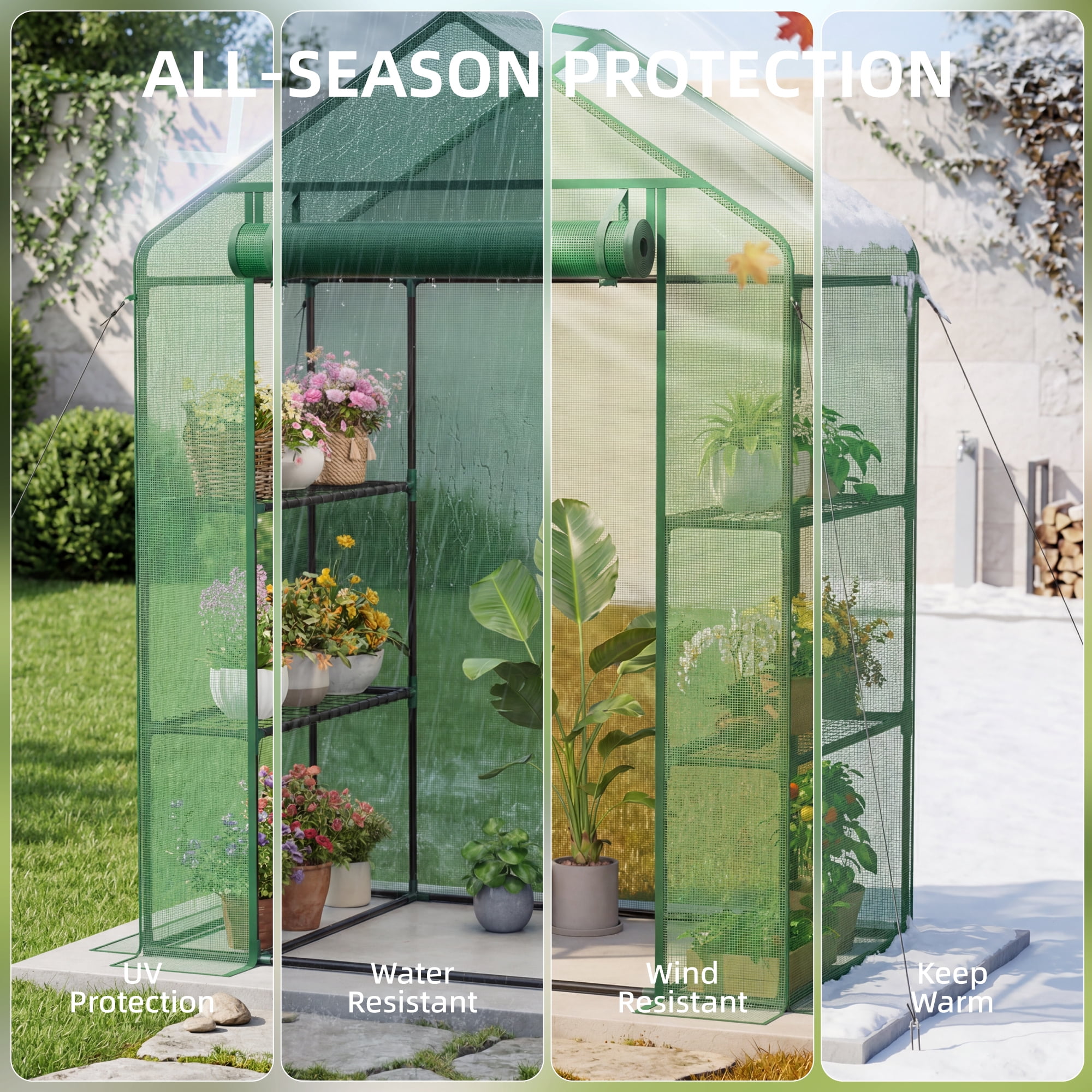 Biotree Greenhouses for Outdoors, Durable Green House Kit with Window, 3 Tiers 8 Shelves, Green