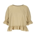 thumbnail image 4 of Women's Cotton Linen Tshirts Trumpet Half Sleeve Solid Color Casual Tunic Tops Crewneck Ruffle Loose Basic Tee Blouses, 4 of 7