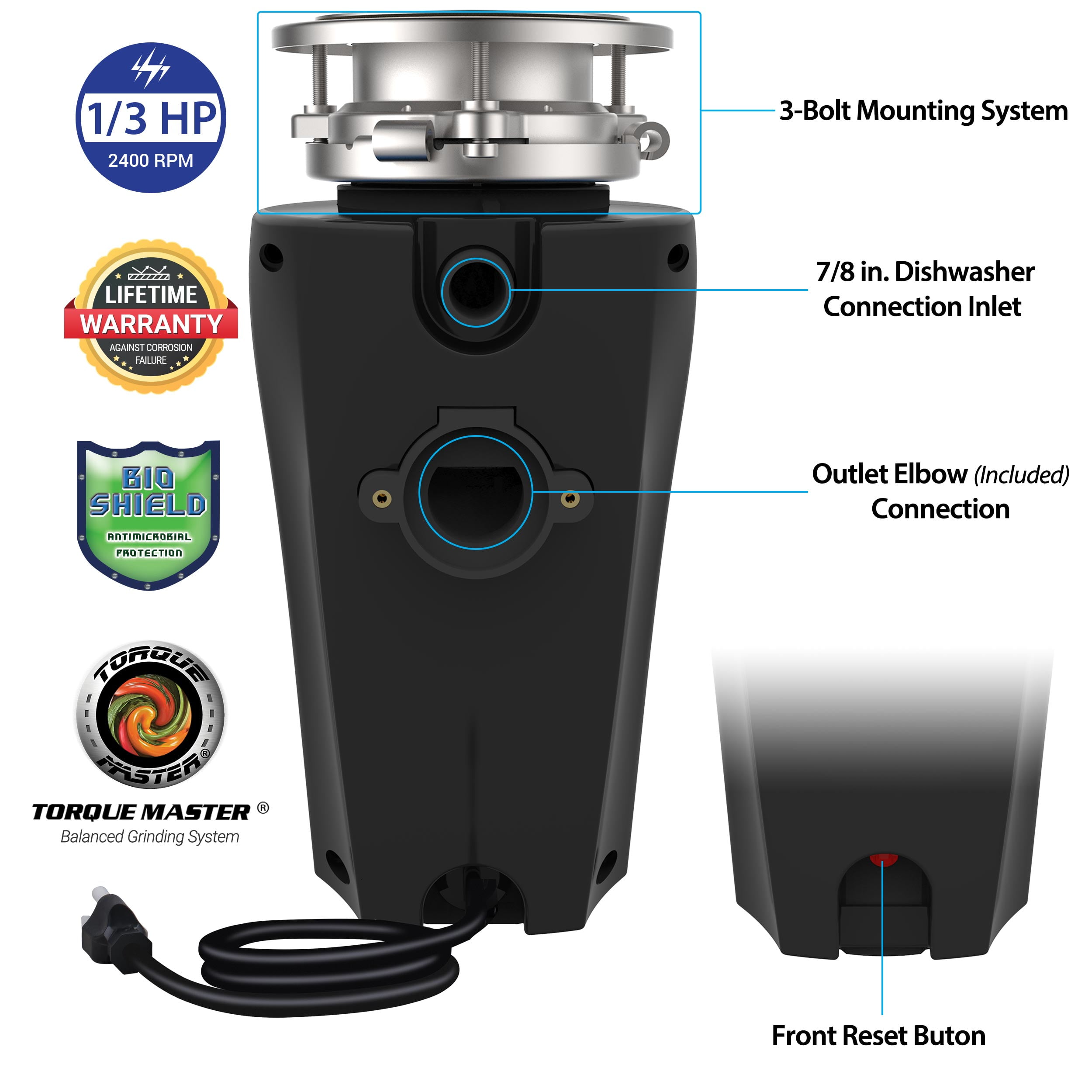 Eco Logic 1/3 HP Continuous Feed Garbage Disposal, Ultra-Quiet and Compact with Cord 10-US-EL-4-3B