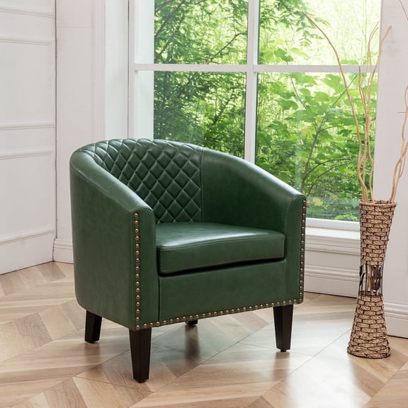 29" W Modern Faux Vegan Leather Barrel Chair, PU Upholstered Tufted Accent Club Chairs with Nailhead Trim, Small Armchair for Living Room Bedroom Apartment Lounge Nursery, Green