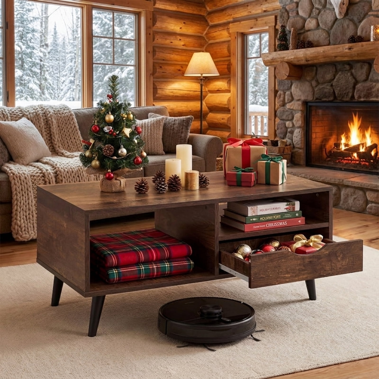 Furnibear Coffee Table with Storage Rustic Rectangle Center Table - Walnut - Living Room Cocktail Center Table
